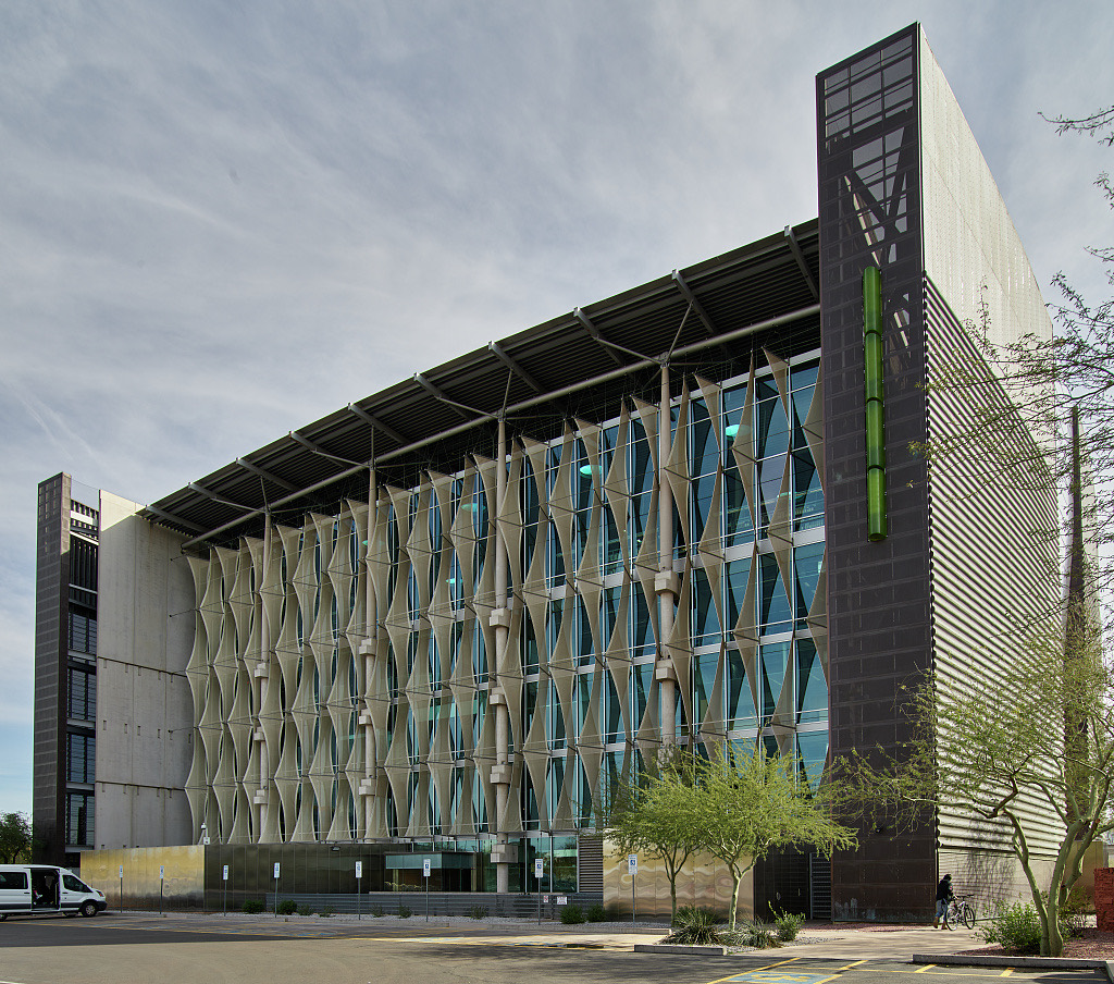 The copper and steel facade of Burton Barr Central Library, Phoenix