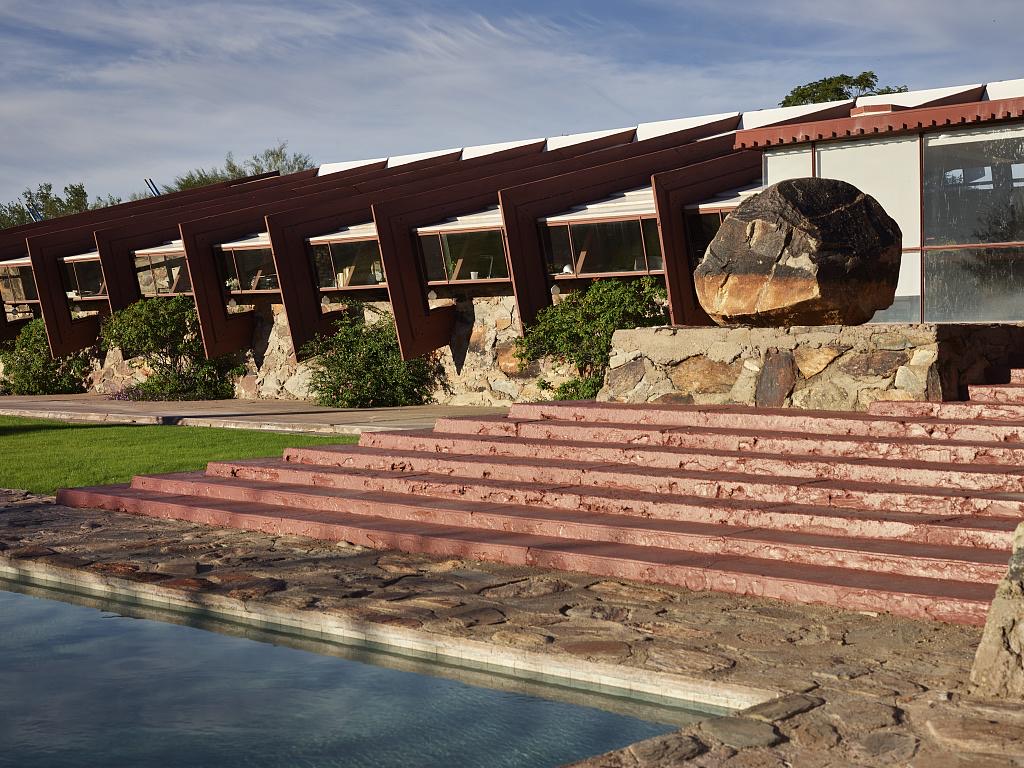 Desert masonry walls and angled redwood roofline at Taliesin West, Scottsdale