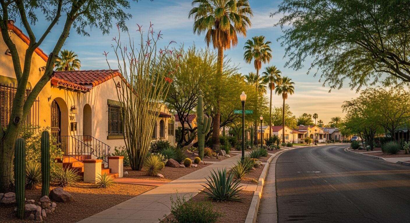 Beautiful Phoenix Arizona neighborhood street with Spanish-style homes, palm trees, and desert landscaping
